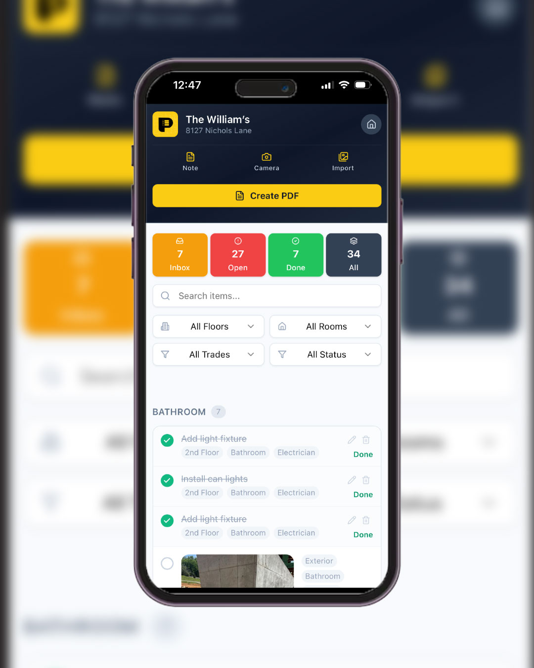 Punch List Pro dashboard showing open punch items filtered by floor, room, and trade