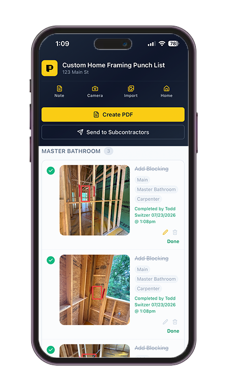 Punch List Pro subcontractor portal showing framing punch items with photos and completion status